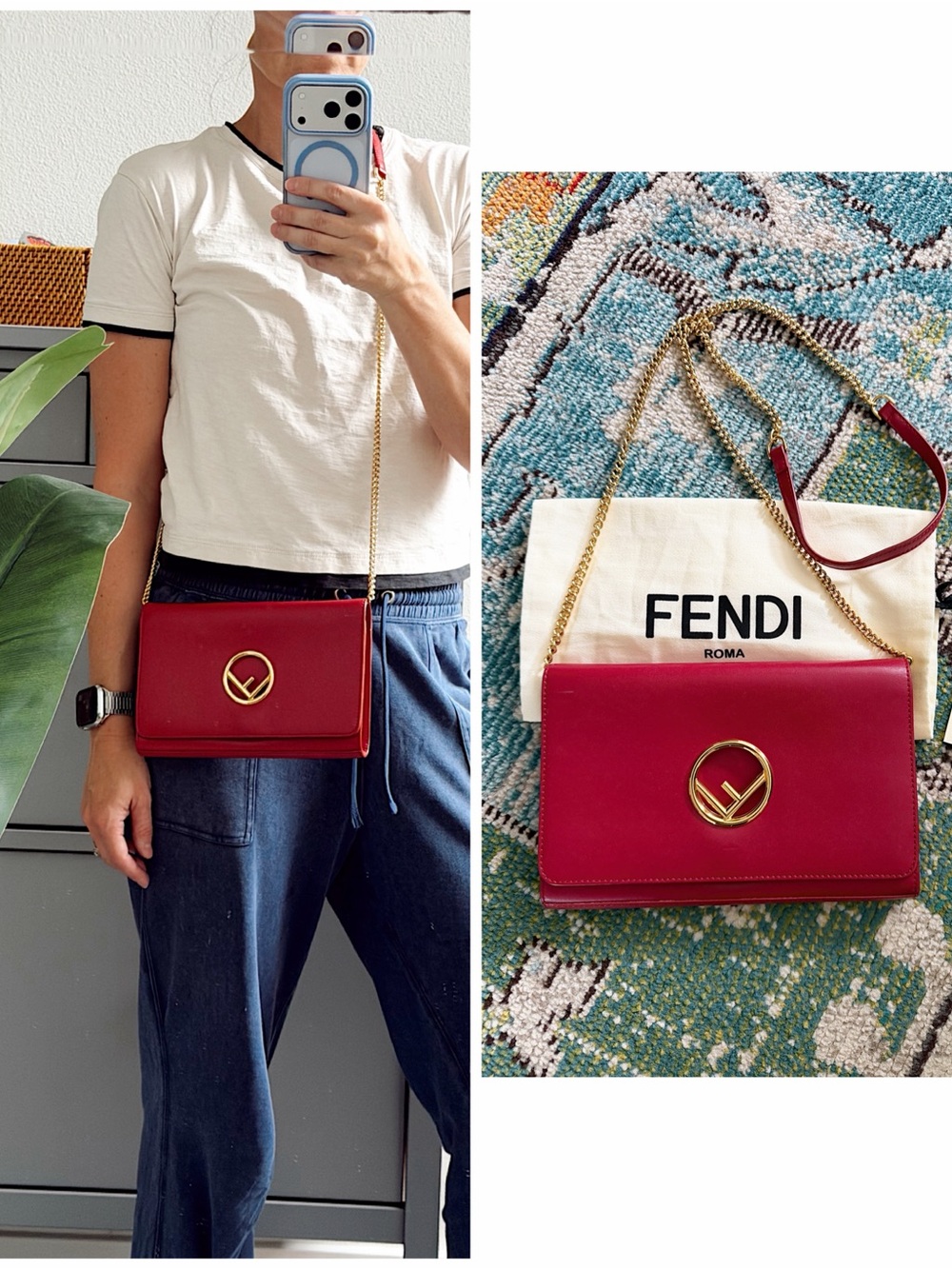 FENDI Calfskin F is Fendi Kan I WOC chain crossbody bag RED clutch